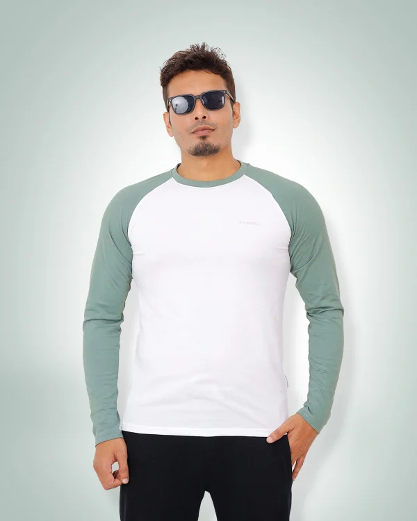 White & Olive Raglan Full Sleeve T-Shirt