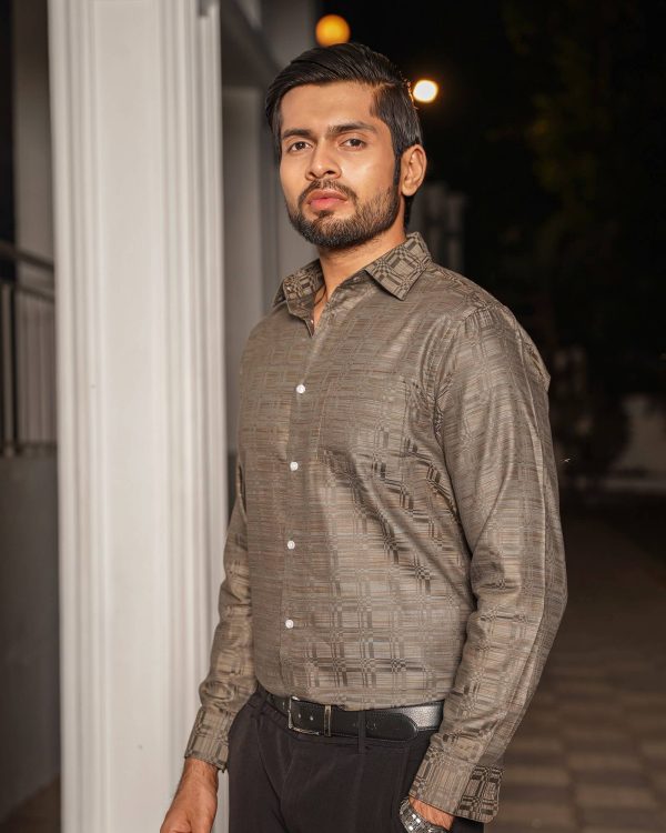 TESSILL Premium Ash Brown Geometric Self-Printed Shirt