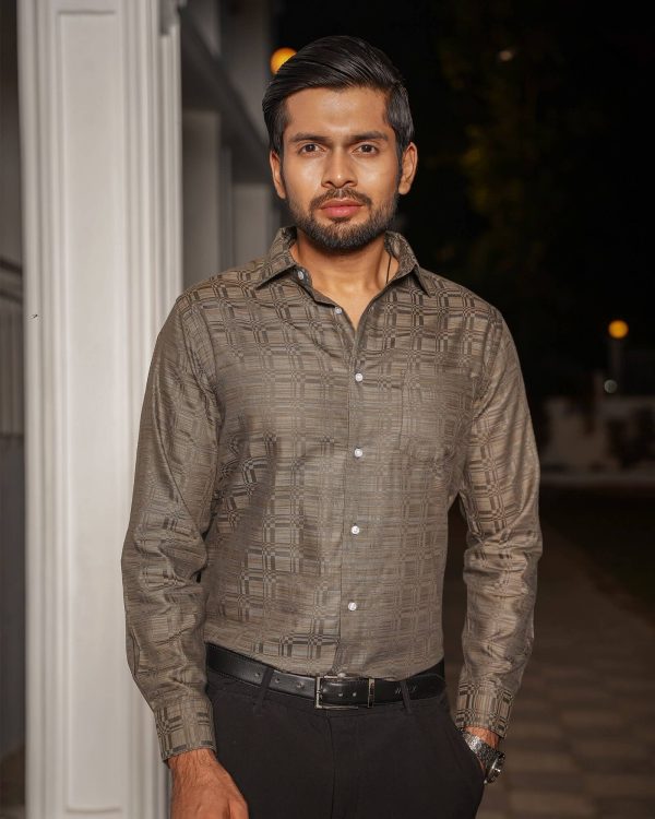 TESSILL Premium Ash Brown Geometric Self-Printed Shirt