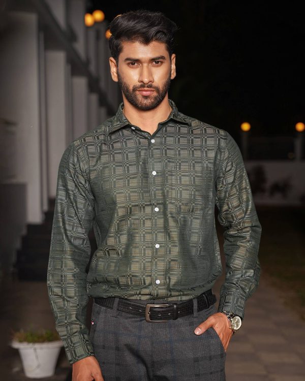 TESSILL Premium Deep Green Geometric Self-Printed Shirt