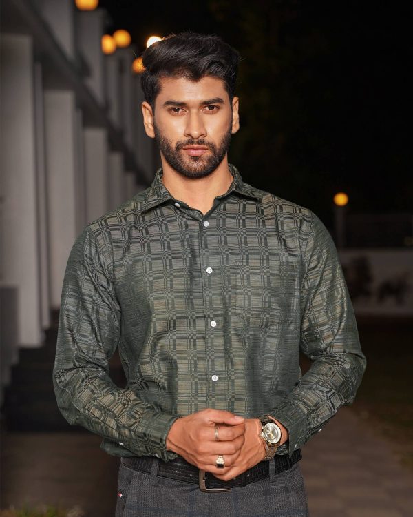 TESSILL Premium Deep Green Geometric Self-Printed Shirt