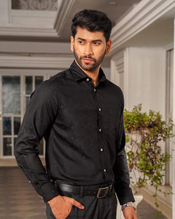TESSILL Premium Black Vertical Jacquard Stripe Shirt - Image 2