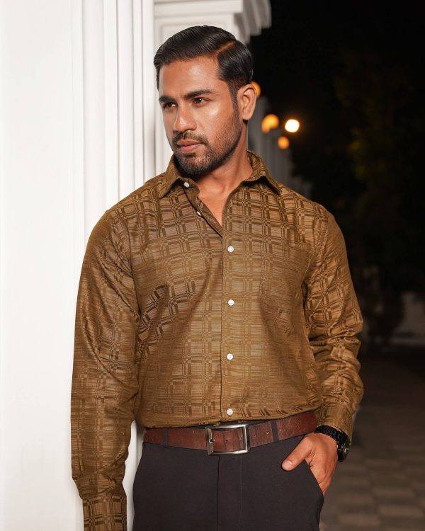 TESSILL Premium Casual Brown Geometric Self-Printed Shirt