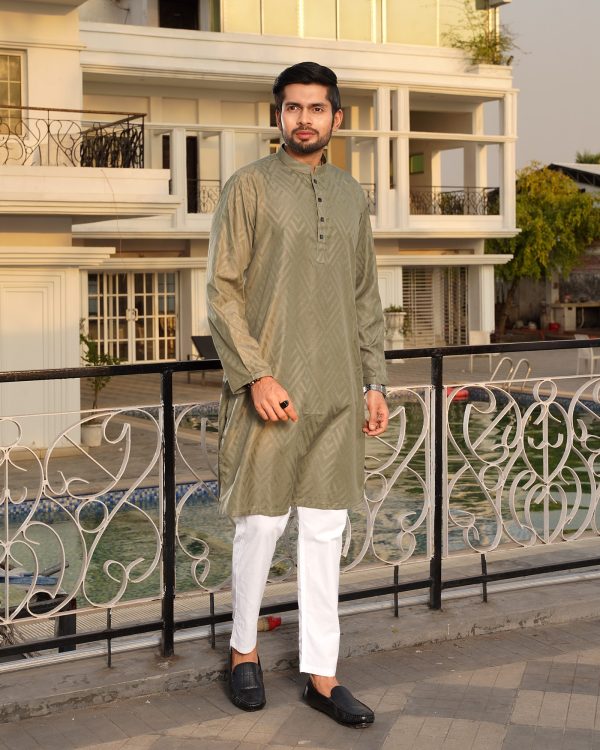 Moss Green Geometric Jacquard Panjabi - Image 3