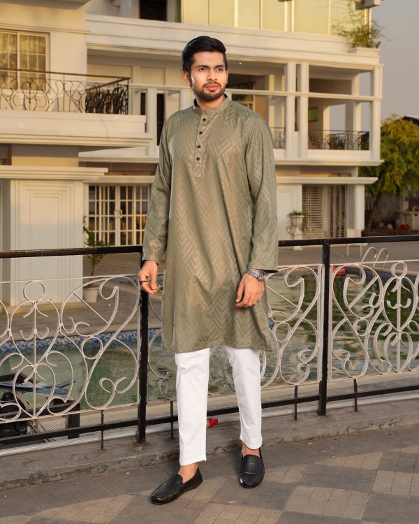 Moss Green Geometric Jacquard Panjabi - Image 2