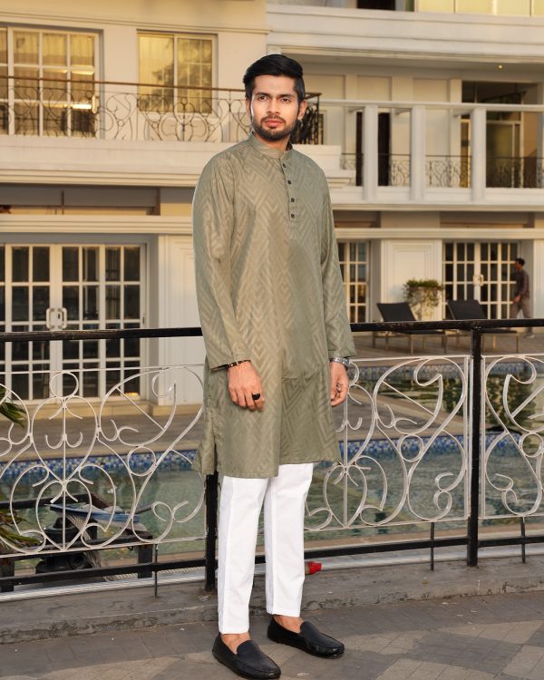Moss Green Geometric Jacquard Panjabi