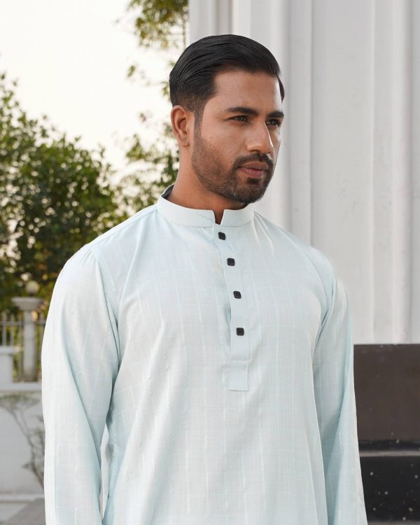 Greenish White Vertical Jacquard Stripe Panjabi - Image 4