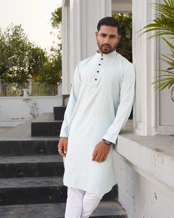 Greenish White Vertical Jacquard Stripe Panjabi