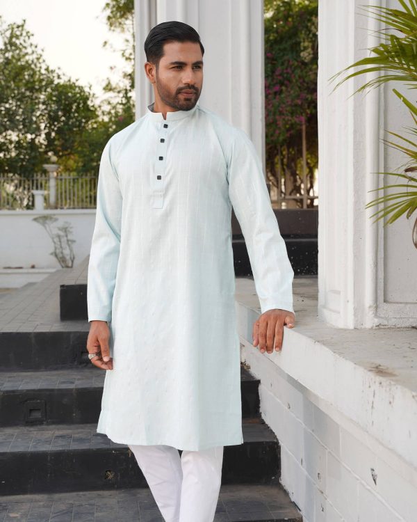 Greenish White Vertical Jacquard Stripe Panjabi - Image 3