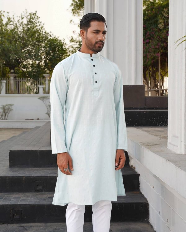 Greenish White Vertical Jacquard Stripe Panjabi - Image 5