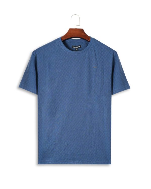 Blue Self Textured Crew Neck T Shirt (1)