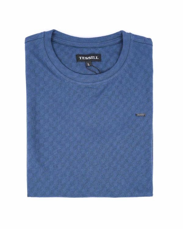 Blue Self Textured Crew Neck T Shirt (2)
