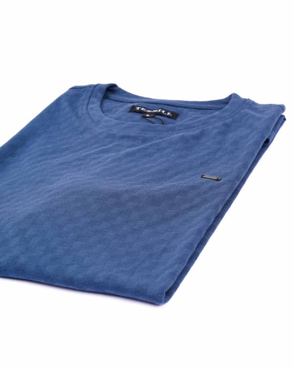 Blue Self Textured Crew Neck T Shirt (3)