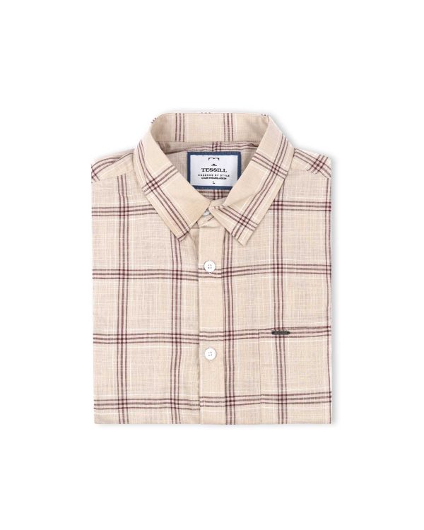TESSILL Beige Check Cotton Full Sleeve Shirt for Men
